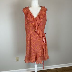 Analili Size L Dress 100% Silk Wrap Ruffle Orange Mini Tropical Resort Vacation